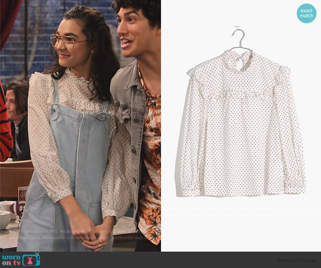 Madewell Mockneck Ruffle Top in Flocked Dot worn by Ashley Garcia (Paulina Chávez) on The Expanding Universe of Ashley Garcia