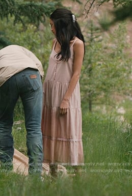 Monica’s pink linen midi dress on Yellowstone