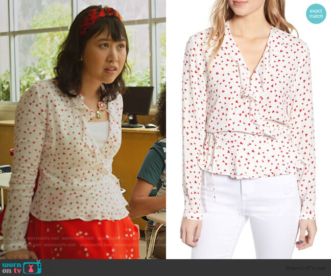 Rails Simone Print Ruffle Wrap Blouse worn by Eleanor Wong (Ramona Young) on Never Have I Ever