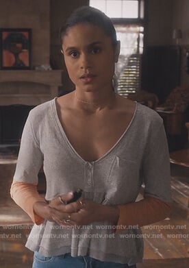 Sophia’s gray colorblock top on Greenleaf