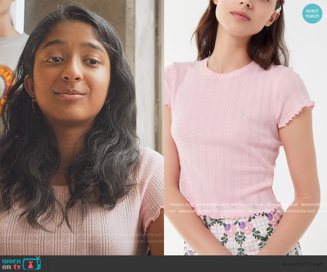 Urban Outfitters Pointelle Textured Lettuce-Edge Baby Tee worn by Devi Vishwakumar (Maitreyi Ramakrishnan) on Never Have I Ever
