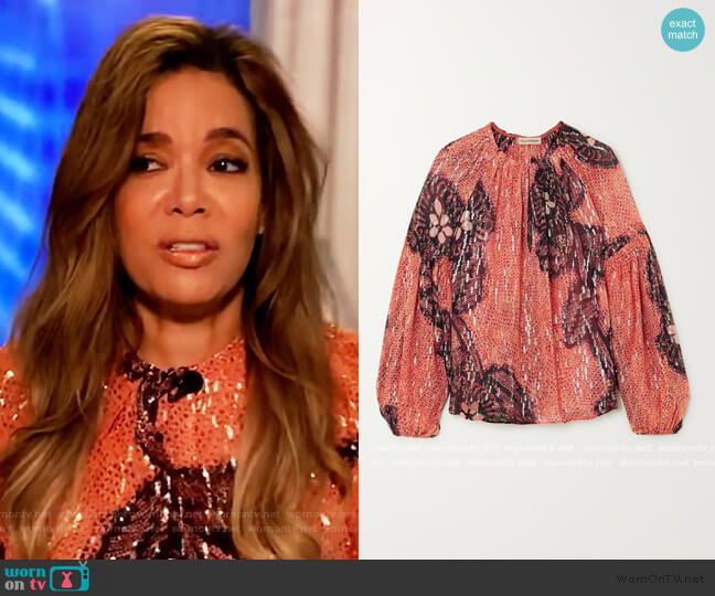Ulla Johnson Sanya printed fil coupe silk and Lurex-blend blouse worn by Sunny Hostin on The View