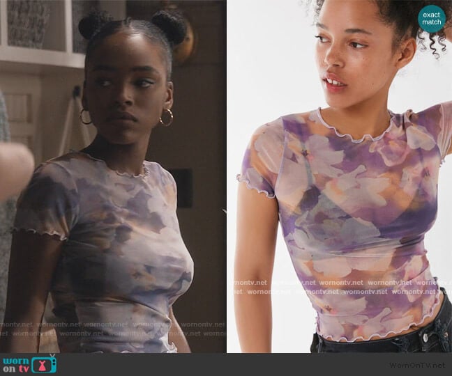 Urban Outfitters Mesh Lettuce-Edge Printed Baby Tee worn by Zora Greenleaf (Lovie Simone) on Greenleaf