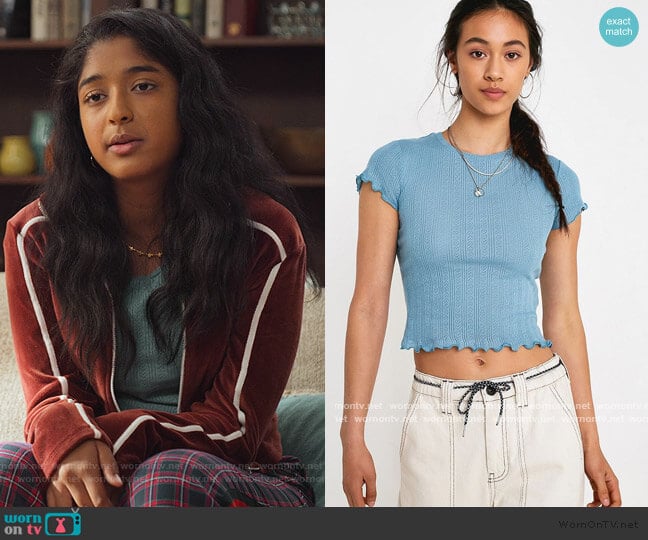 Urban Outfitters Blue Heart Pointelle T-Shirt worn by Devi Vishwakumar (Maitreyi Ramakrishnan) on Never Have I Ever