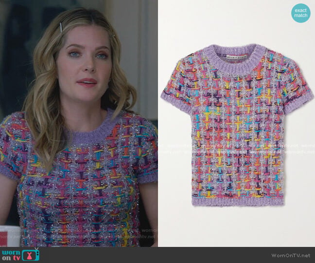 Alice + Olivia Ciara Cropped Metallic Knitted Sweater worn by Sutton (Meghann Fahy) on The Bold Type