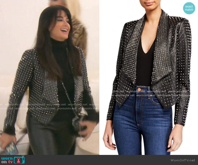 Alice + Olivia Harvey Studded Draped Jacket worn by Kyle Richards on The Real Housewives of Beverly Hills