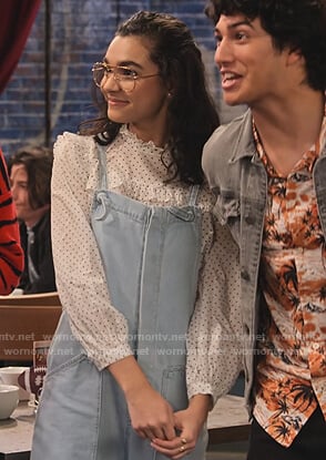 Ashley’s white polka dot blouse and overalls on The Expanding Universe of Ashley Garcia