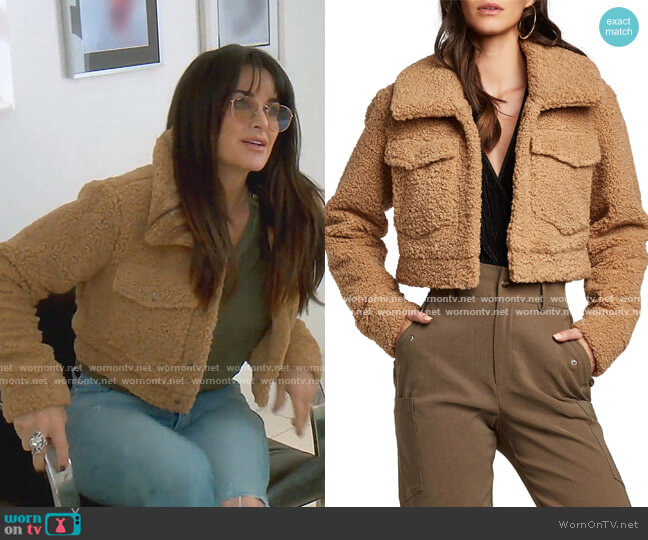 Bardot Crop Sherpa Jacket worn by Kyle Richards on The Real Housewives of Beverly Hills