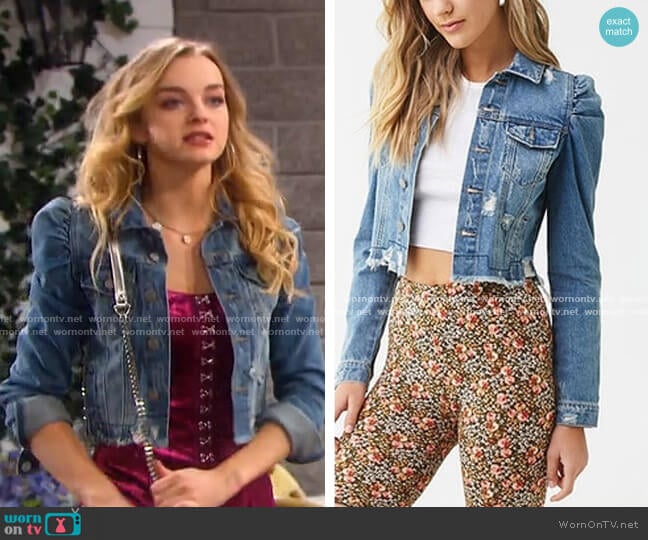 Forever 21 Distressed Denim Puff-Sleeve Jacket worn by Claire Brady (Olivia Keegan) on Days of our Lives