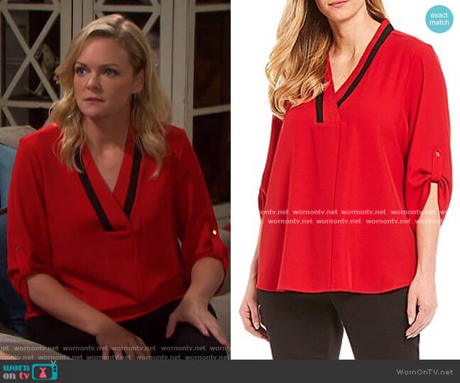 Calvin Klein Contrast V-Neck Roll-Tab Sleeve Top worn by Belle Brady (Martha Madison) on Days of our Lives