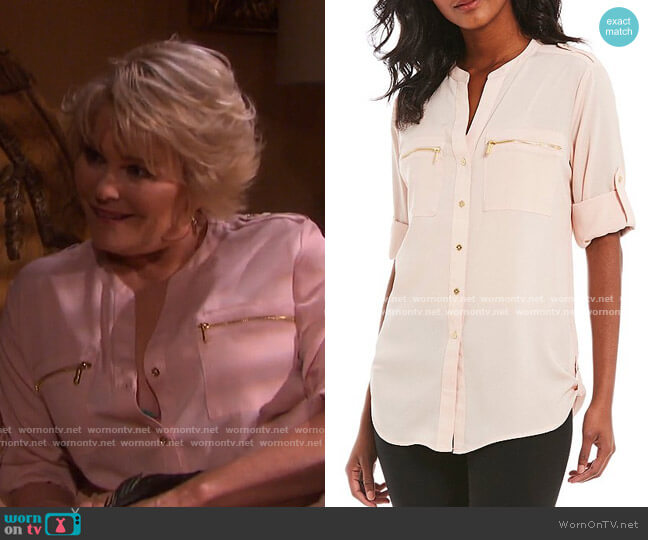 Calvin Klein Zip-Pocket Roll Tab Blouse worn by Bonnie Lockhart (Judi Evans) on Days of our Lives
