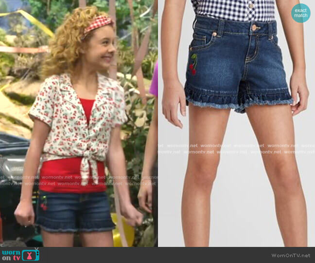 Cat & Jack Ruffle Hem Sequin Cherry Jean Shorts worn by Destiny Baker (Mallory James Mahoney) on Bunkd