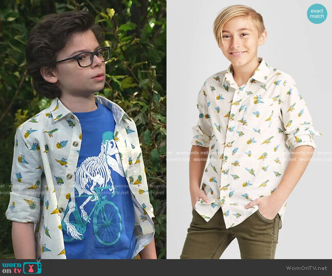 Cat & Jack Dino Print Button-Down Shirt worn by Matteo Silva (Raphael Alejandro) on Bunkd