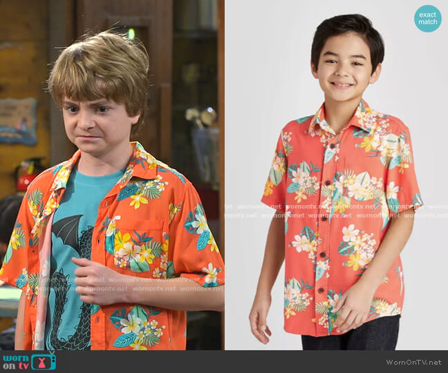 Cat & Jack Tropical Print Short Sleeve Button-Down Shirt worn by Finn Sawyer (Will Buie Jr) on Bunkd