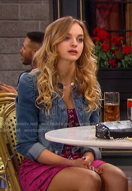 Claire’s pink velvet mini dress and denim jacket on Days of our Lives