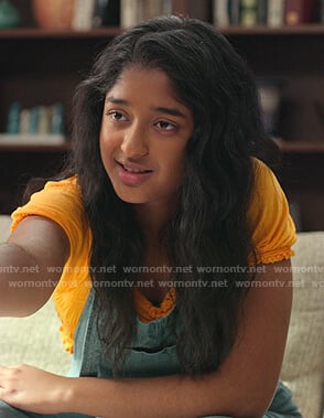 Devi’s yellow cropped top on Never Have I Ever