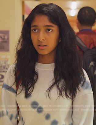Devi’s blue tie dye sweatshirt on Never Have I Ever