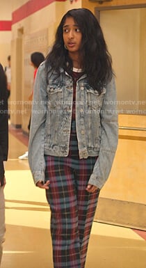 Devi’s denim jacket and blue plaid belted pants on Never Have I Ever