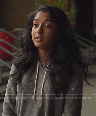 Devi’s gray star hoodie on Never Have I Ever