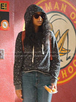 Devi’s grey leopard print hoodie on Never Have I Ever