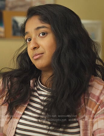 Devi’s white ribbed stripe top on Never Have I Ever