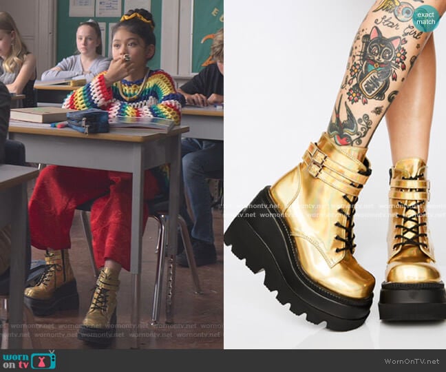 Demonia x Dolls Kill Technopagan Boots worn by Claudia Kishi (Momona Tamada) on The Baby-Sitters Club
