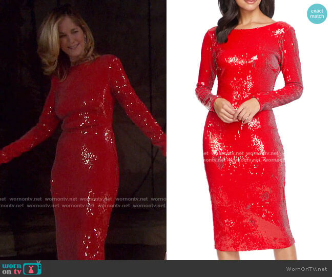 Dress The Population Emery Sequin Long Sleeve Sheath Dress worn by Eve Donovan (Kassie DePaiva) on Days of our Lives