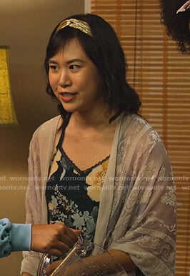 Eleanor’s white floral kimono on Never Have I Ever