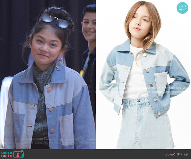 Forever 21 Girls Colorblock Denim Jacket worn by Claudia Kishi (Momona Tamada) on The Baby-Sitters Club