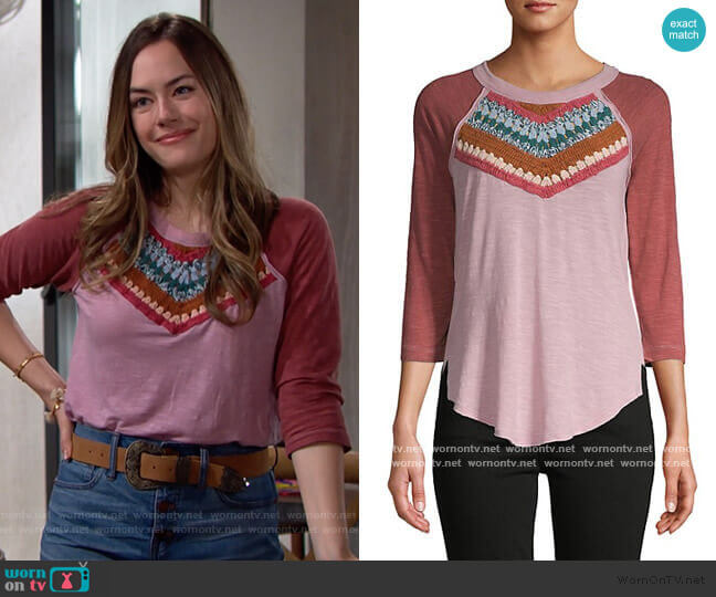 Free People Colorblock Raglan-Sleeve Cotton-Blend Top worn by Hope Logan (Annika Noelle) on The Bold and the Beautiful
