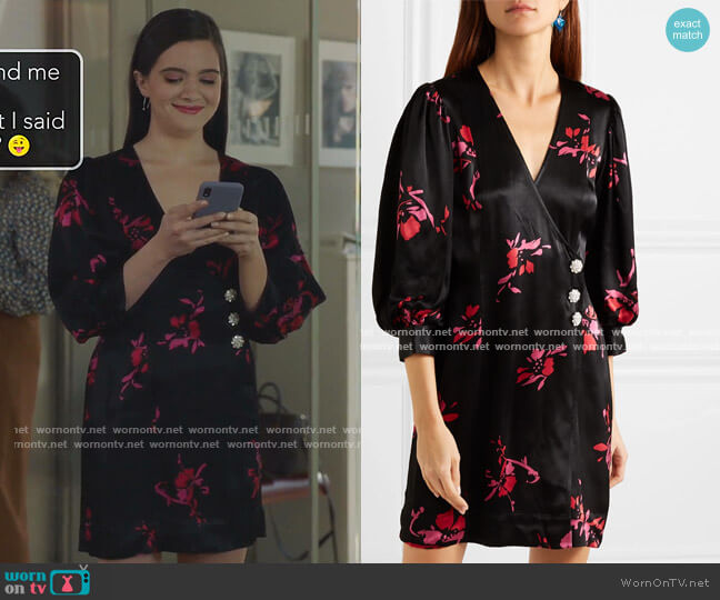Ganni Crystal-Embellished Floral-Print Satin Wrap Mini Dress worn by Jane Sloan (Katie Stevens) on The Bold Type