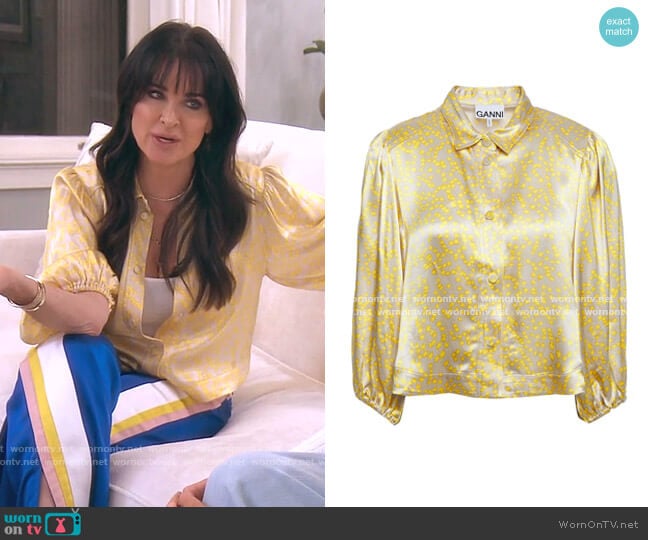 Ganni Floral-Print Satin Shirt worn by Kyle Richards on The Real Housewives of Beverly Hills