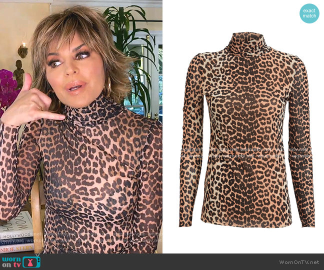 Ganni Leopard Printed Mesh Turtleneck Top worn by Lisa Rinna on The Real Housewives of Beverly Hills