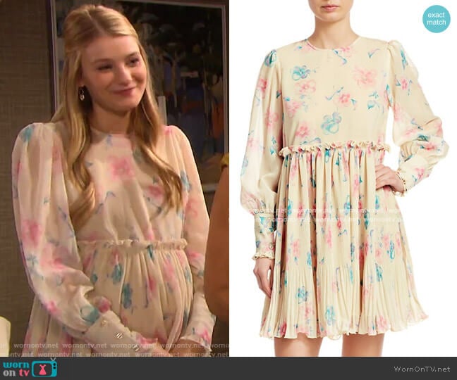 Ganni Pleated Floral Georgette Babydoll Dress worn by Alice Caroline Horton (Lindsay Arnold) on Days of our Lives