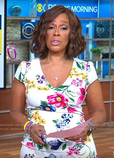 Gayle King’s white floral v-neck dress on CBS This Morning