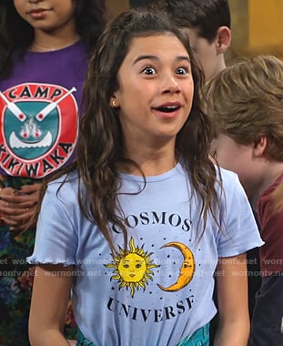 Gwen’s blue Cosmos Universe print tee on Bunkd