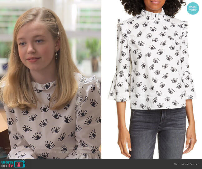 Alice + Olivia Henrietta Eye Pattern Ruffled Cotton Boxy Blouse worn by Stacey McGill (Shay Rudolph) on The Baby-Sitters Club