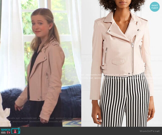 IRO Ashville leather biker jacket worn by Stacey McGill (Shay Rudolph) on The Baby-Sitters Club