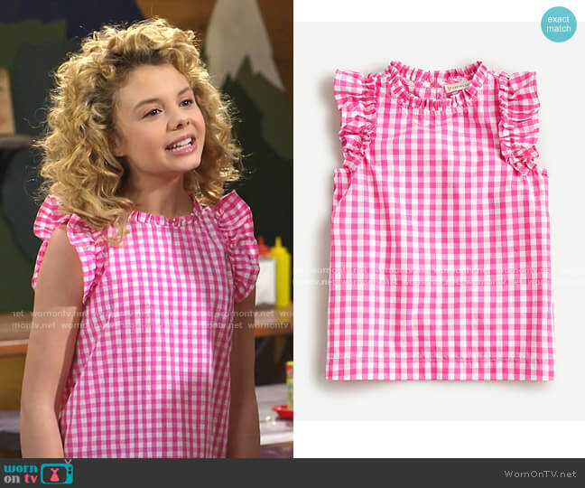 J. Crew Girls' Gingham Ruffle Top worn by Destiny Baker (Mallory James Mahoney) on Bunkd