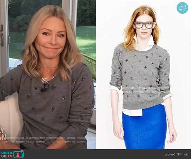 J.Crew Sweatshirt with Beaded Embellishment worn by Kelly Ripa on Live with Kelly and Mark
