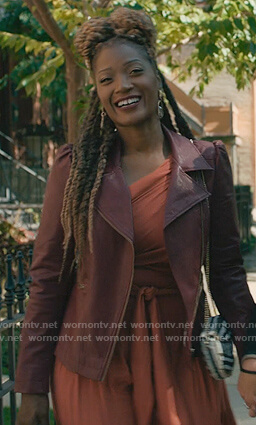Jada’s burgundy leather moto jacket on The Chi