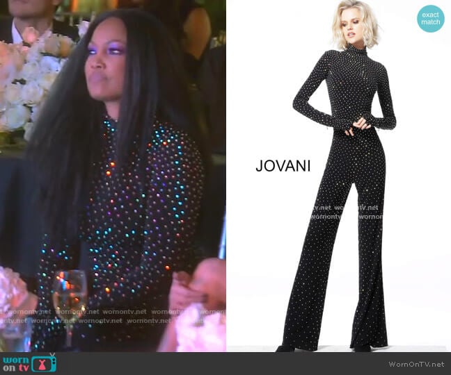 Jovani Beaded High Neck Long Sleeve Jumpsuit worn by Garcelle Beauvais on The Real Housewives of Beverly Hills