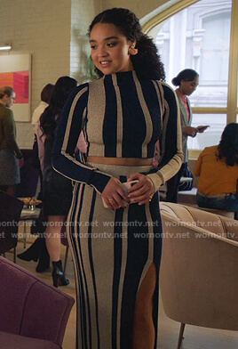 Kat’s metallic striped knit top and skirt on The Bold Type