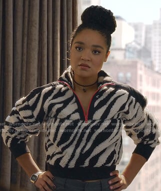 Kat’s zebra half-zip sweatshirt on The Bold Type