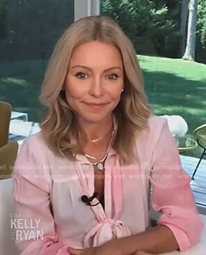 Kelly’s pink tie dye tie neck dress on Live with Kelly and Ryan