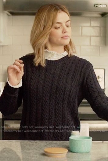 Lucy’s navy cable knit sweater on A Nice Girl Like You