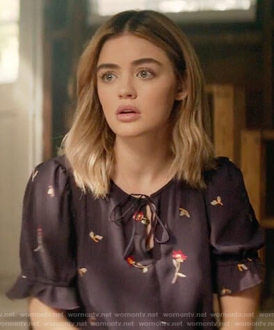 Lucy’s navy floral short sleeve blouse on A Nice Girl Like You