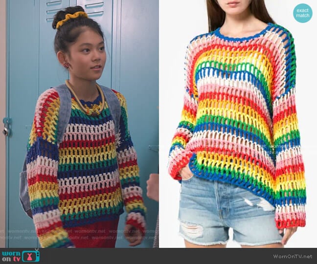 Mira Mikati Rainbow Open Hand Crochet Sweater worn by Claudia Kishi (Momona Tamada) on The Baby-Sitters Club