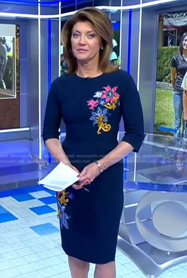 Norah’s navy floral embroidered dress on CBS Evening News
