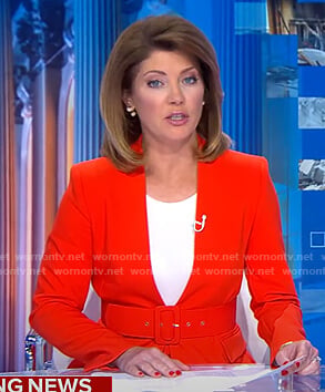 Norah’s red lapelless blazer on CBS Evening News